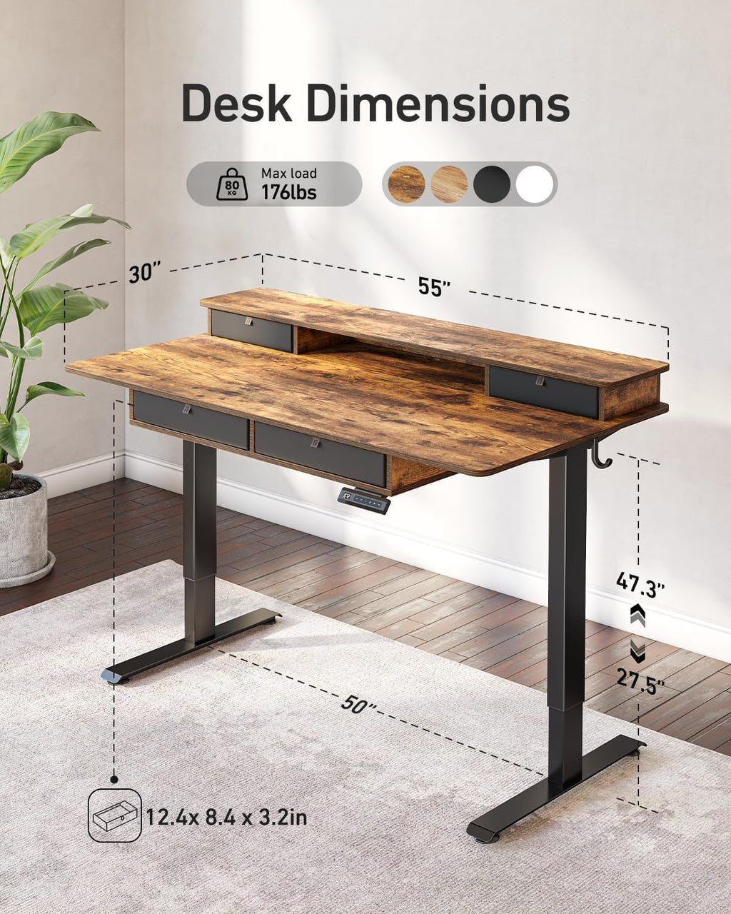55 X 30 Inch Electric Standing Desk Adjustable Height with 4 Drawers, Sit Stand Desk, Home Office Stand up Table with 4 Height-Adjustable Feets & 2 Hooks,Rustic Brown Top, 55 Inch