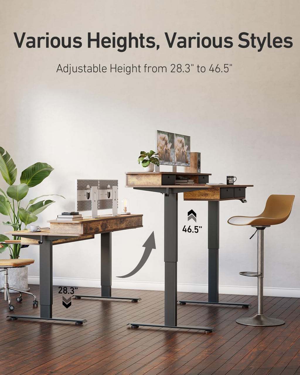 55 X 30 Inch Electric Standing Desk Adjustable Height with 4 Drawers, Sit Stand Desk, Home Office Stand up Table with 4 Height-Adjustable Feets & 2 Hooks,Rustic Brown Top, 55 Inch