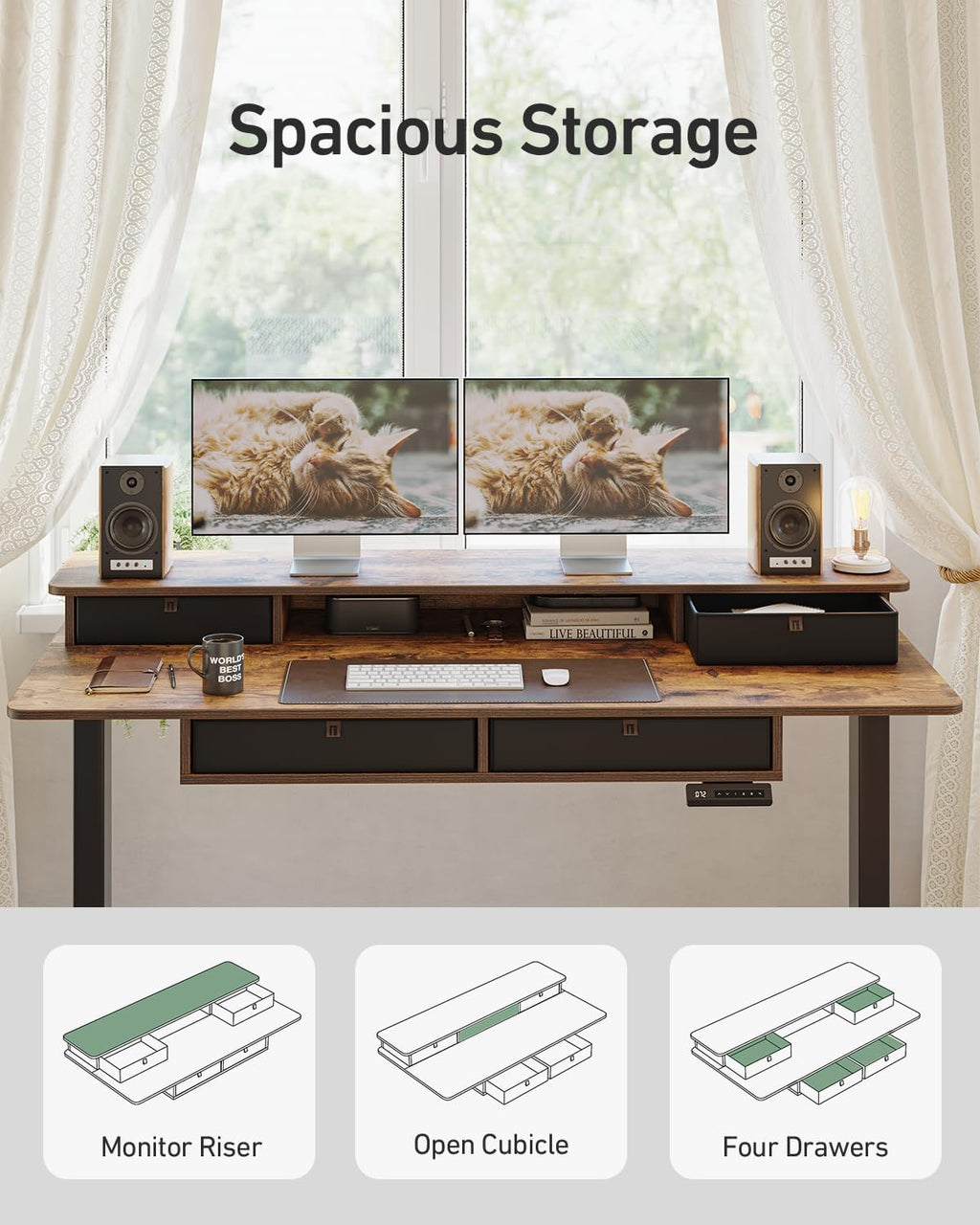 55 X 30 Inch Electric Standing Desk Adjustable Height with 4 Drawers, Sit Stand Desk, Home Office Stand up Table with 4 Height-Adjustable Feets & 2 Hooks,Rustic Brown Top, 55 Inch