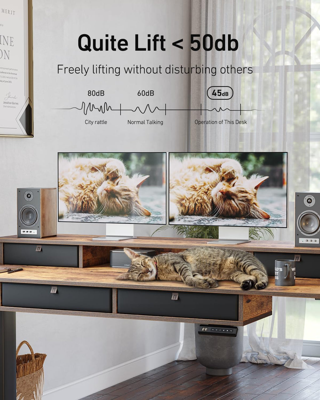 55 X 30 Inch Electric Standing Desk Adjustable Height with 4 Drawers, Sit Stand Desk, Home Office Stand up Table with 4 Height-Adjustable Feets & 2 Hooks,Rustic Brown Top, 55 Inch