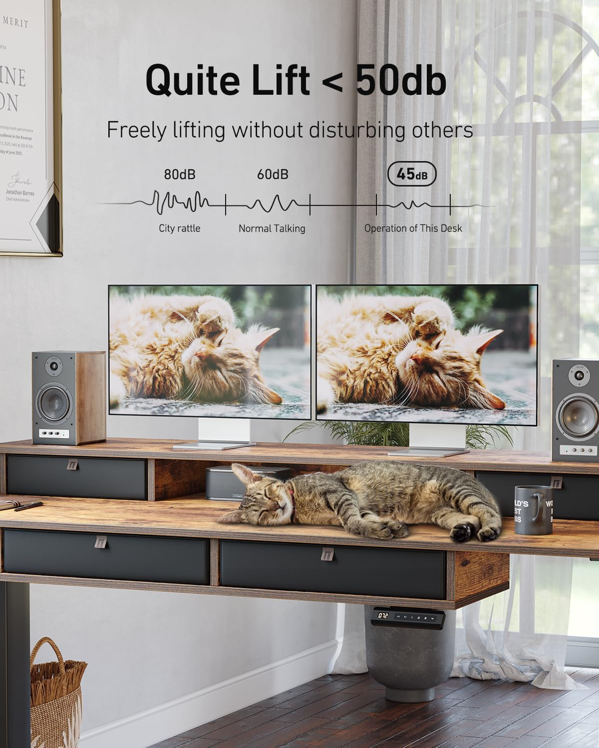 55 X 30 Inch Electric Standing Desk Adjustable Height with 4 Drawers, Sit Stand Desk, Home Office Stand up Table with 4 Height-Adjustable Feets & 2 Hooks,Rustic Brown Top, 55 Inch