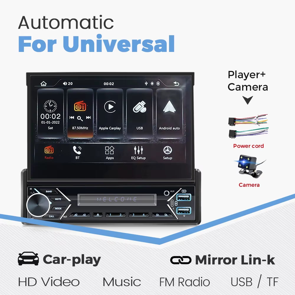 Carplay Android Auto Universal 1 Din MP5 Player 7 Inch Manual Automatic Retractable Touch Screen Car Player FM Radio Mirror Link