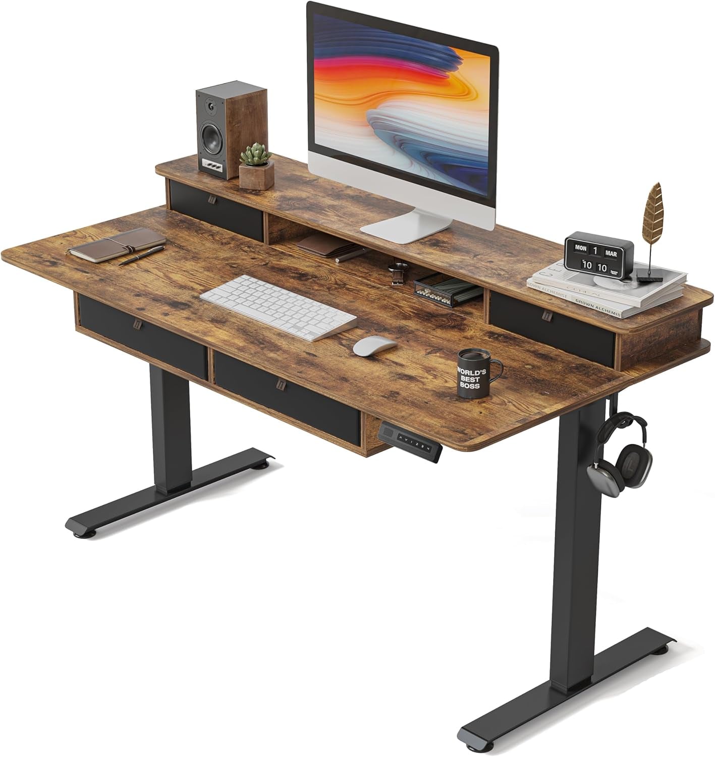 55 X 30 Inch Electric Standing Desk Adjustable Height with 4 Drawers, Sit Stand Desk, Home Office Stand up Table with 4 Height-Adjustable Feets & 2 Hooks,Rustic Brown Top, 55 Inch