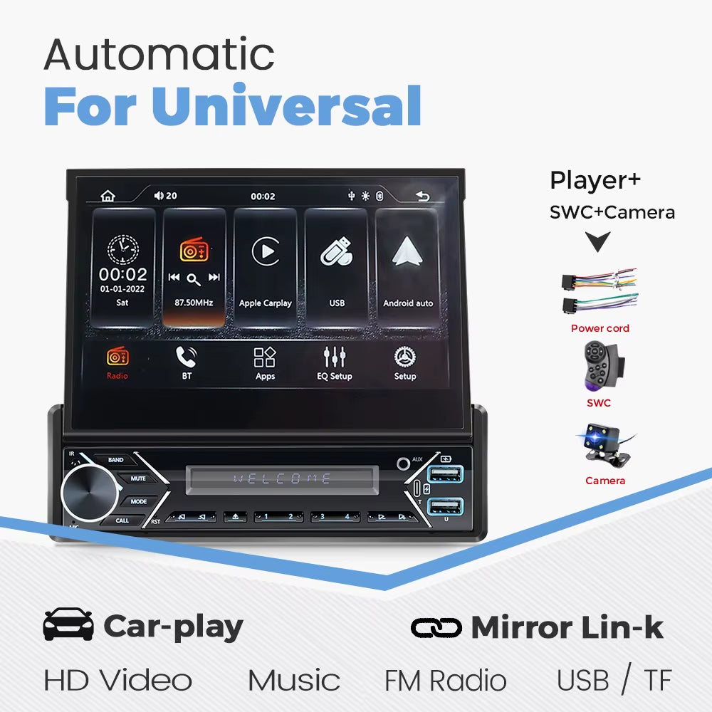 Carplay Android Auto Universal 1 Din MP5 Player 7 Inch Manual Automatic Retractable Touch Screen Car Player FM Radio Mirror Link
