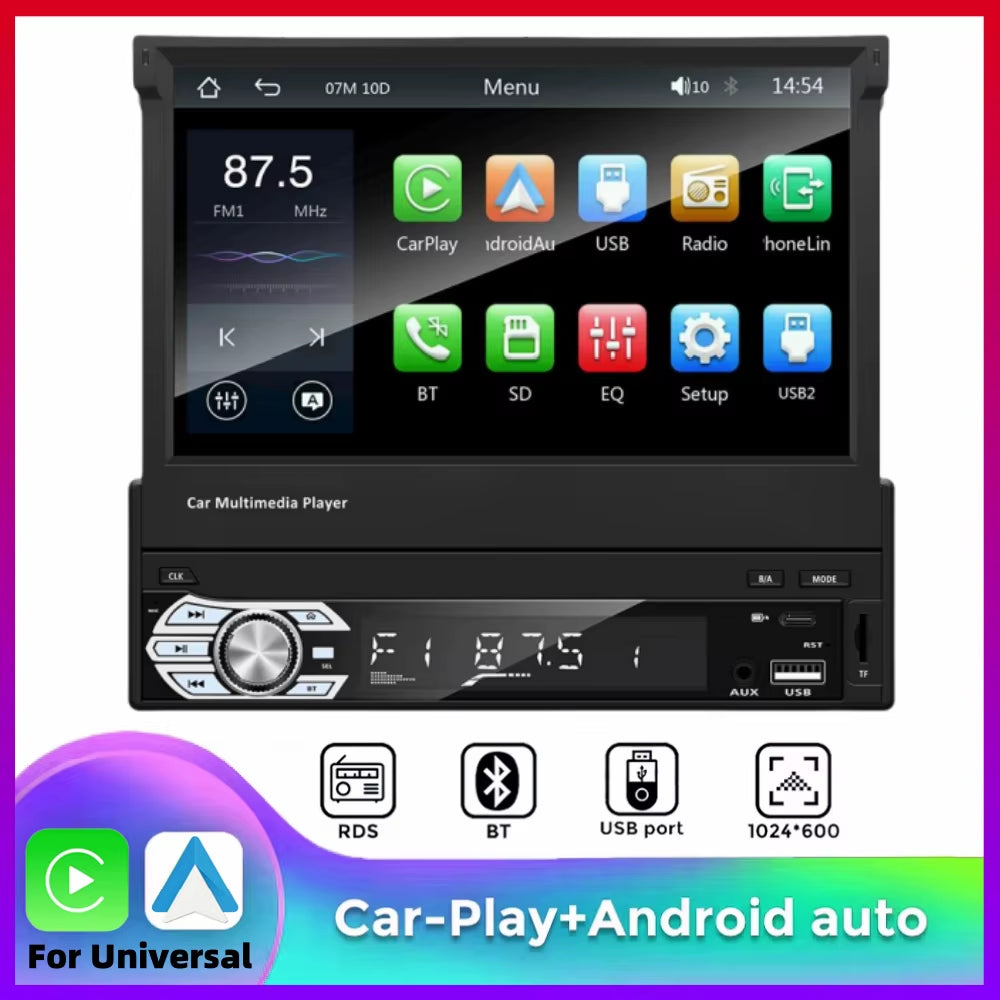Carplay Android Auto Universal 1 Din MP5 Player 7 Inch Retractable Touch Screen Car Player HD FM AUX Input BT Radio Mirror Link