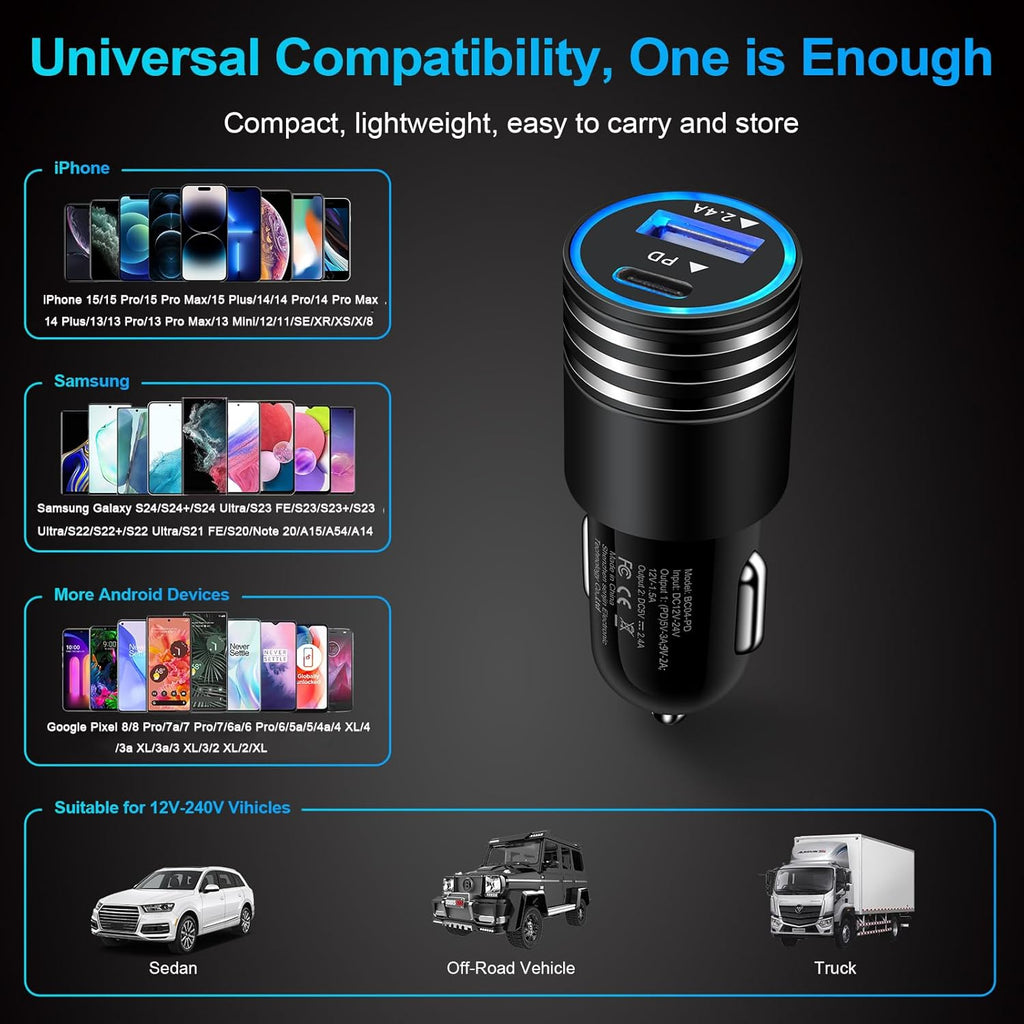 Fast Charging USB C Car Charger for Iphone 16E 16 15 14 13 12 Pro Max SE XR XS X Samsung Galaxy S25 S24 S23 S22 S21 Google Pixel 9/8A/8 Pro/7A/7 Pro/6A/6/5/4A/4/3,2Pack 30W PD+2.4A Type C Car Adapter