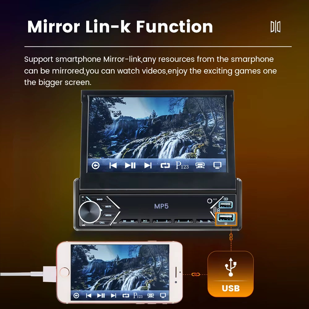 Carplay Android Auto Universal 1 Din MP5 Player 7 Inch Manual Automatic Retractable Touch Screen Car Player FM Radio Mirror Link