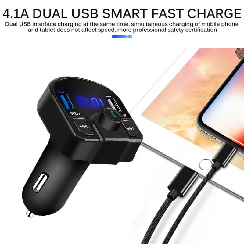 Car Charger Bluetooth Car Kit Wireless FM Transmitter Car MP3 Player Dual USB Charger Adapter 4.1A TF U Disk Can Add Two Phone