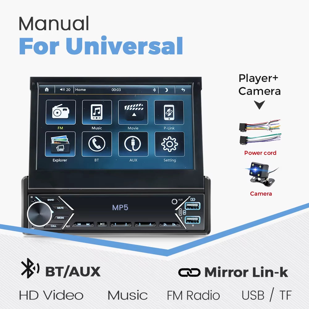 Carplay Android Auto Universal 1 Din MP5 Player 7 Inch Manual Automatic Retractable Touch Screen Car Player FM Radio Mirror Link