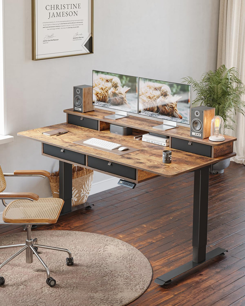 55 X 30 Inch Electric Standing Desk Adjustable Height with 4 Drawers, Sit Stand Desk, Home Office Stand up Table with 4 Height-Adjustable Feets & 2 Hooks,Rustic Brown Top, 55 Inch