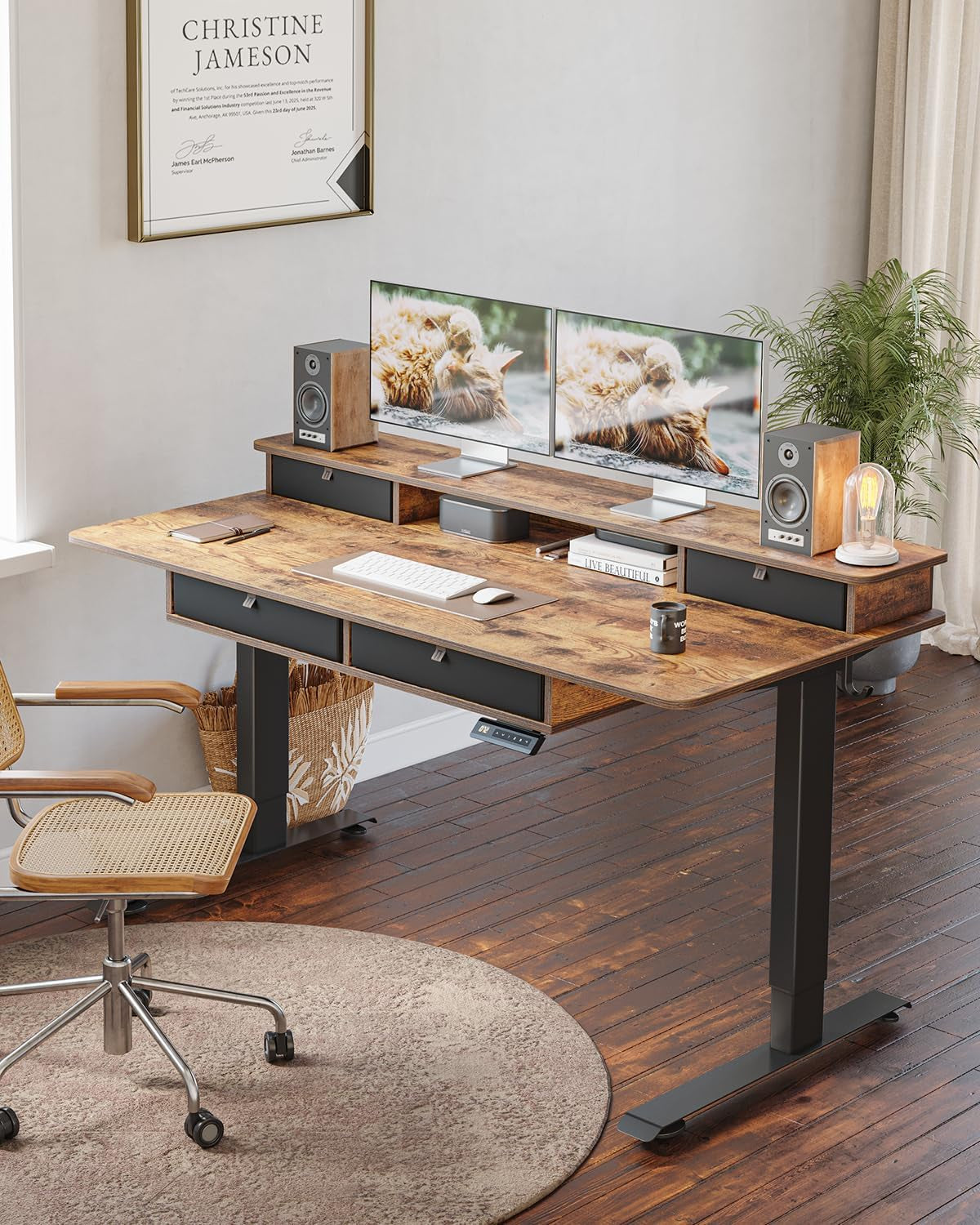 55 X 30 Inch Electric Standing Desk Adjustable Height with 4 Drawers, Sit Stand Desk, Home Office Stand up Table with 4 Height-Adjustable Feets & 2 Hooks,Rustic Brown Top, 55 Inch