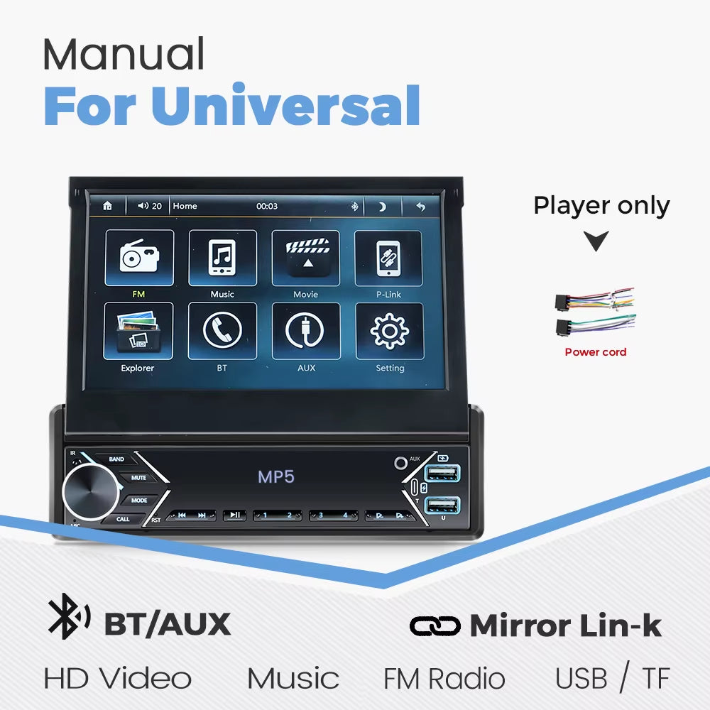 Carplay Android Auto Universal 1 Din MP5 Player 7 Inch Manual Automatic Retractable Touch Screen Car Player FM Radio Mirror Link
