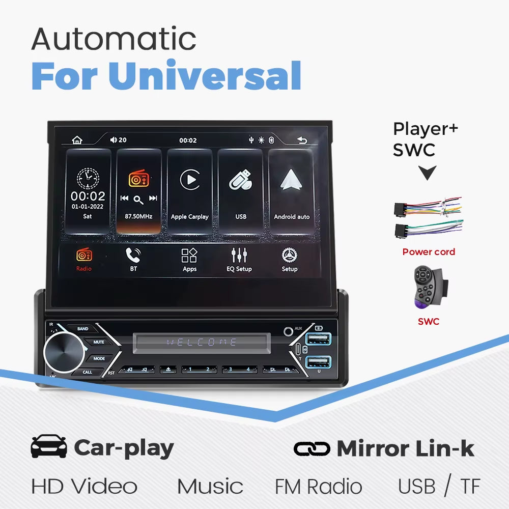 Carplay Android Auto Universal 1 Din MP5 Player 7 Inch Manual Automatic Retractable Touch Screen Car Player FM Radio Mirror Link