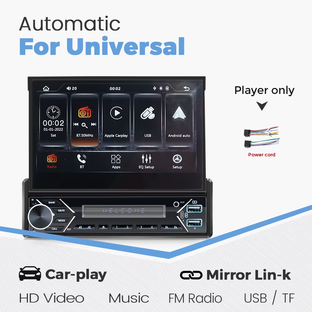 Carplay Android Auto Universal 1 Din MP5 Player 7 Inch Manual Automatic Retractable Touch Screen Car Player FM Radio Mirror Link