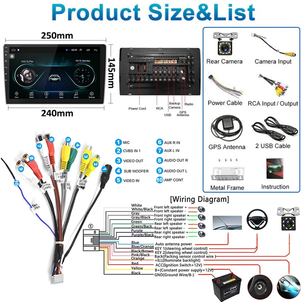 Android 12 Double 2 Din Car Stereo Radio 10.1'' HD Touch Screen 1080P 10 Inch Car Multimedia Player Head Unit Bluetooth WIFI GPS USB FM Receiver Mirror Link, with Rearview Camera