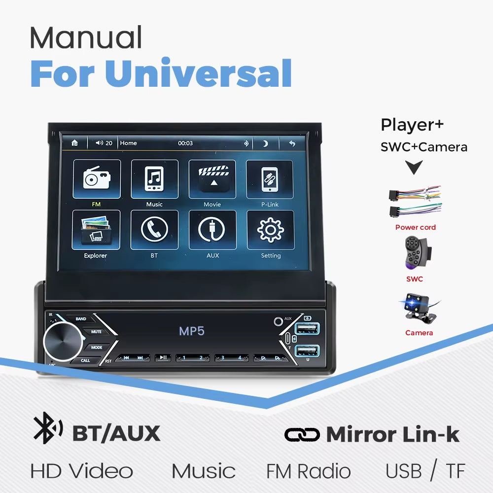 Carplay Android Auto Universal 1 Din MP5 Player 7 Inch Manual Automatic Retractable Touch Screen Car Player FM Radio Mirror Link